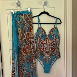 Stylish Women’s One Piece Swimsuit - Teal Blue and Brown Paisley.